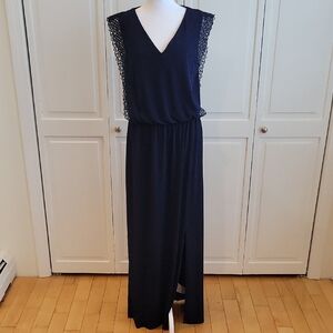 V-Neck Navy Maxi Dress with Lace Cap Sleeves